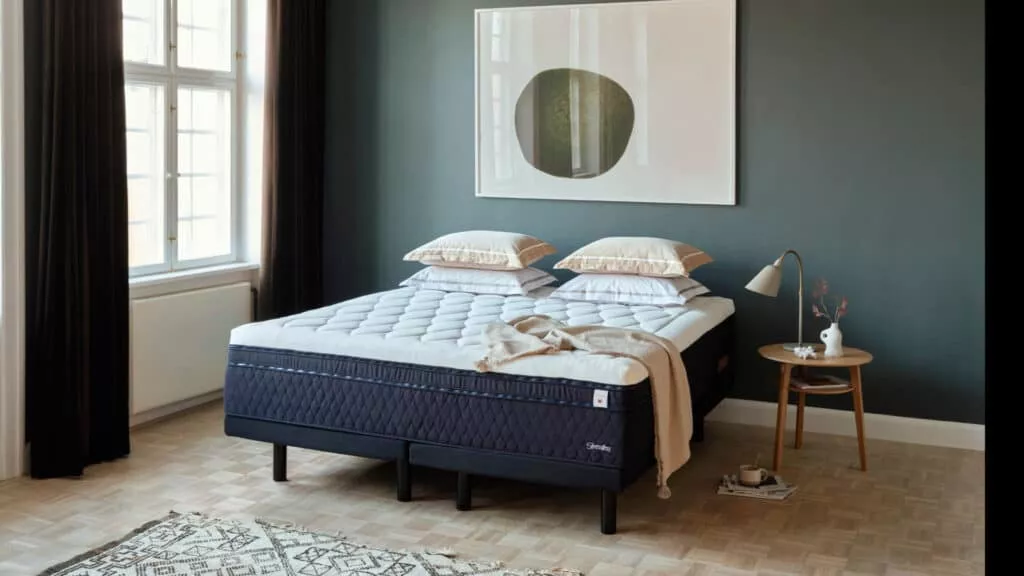 A Stressless Sky mattress in a bedroom, with decorative art on the wall and a side table.