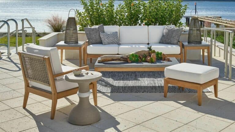 Universal Furniture Outdoor Chesapeake Chaise Lounge Chair and other outdoor furniture items on a patio