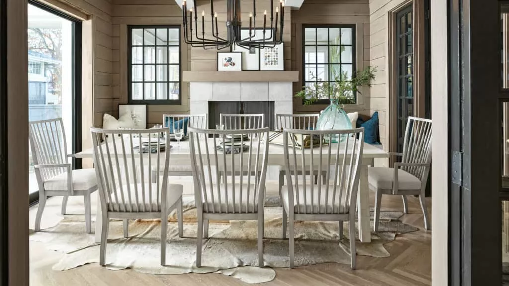 A modern farmhouse style dining room set from Universal Furniture in a home's dining room