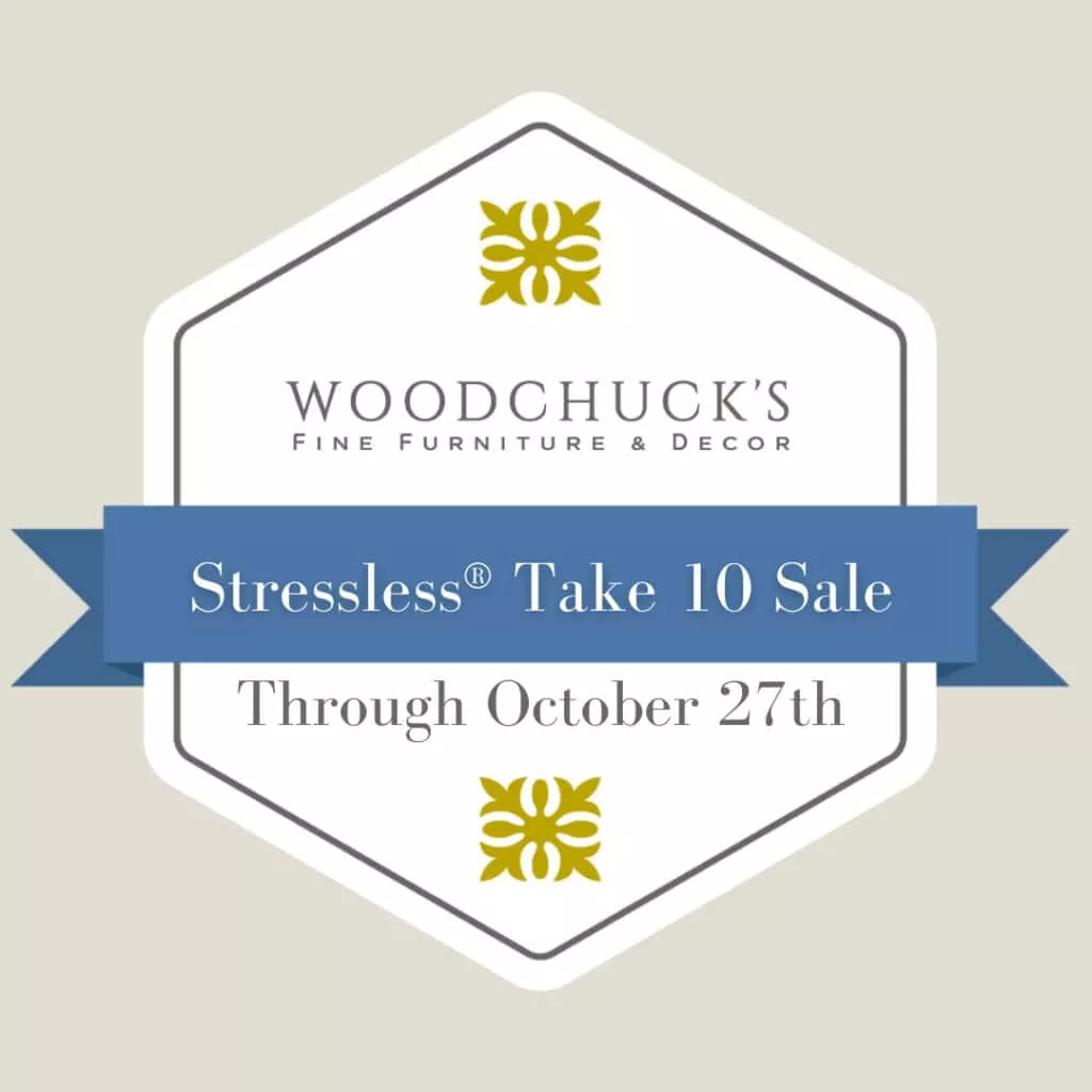 promotional badge that says stressless take 10 sale - through october 27th