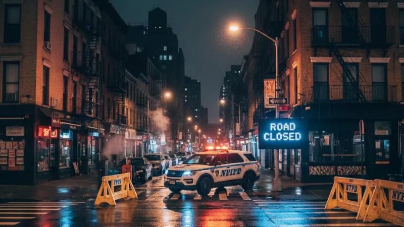 Nighttime Lower East Side crosswalk with NYPD vehicles, road barriers, and flashing lights after a pedestrian hit-and-run accident.